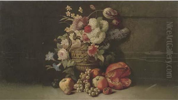 Summer Flowers In A Classical Jug, With Grapes, Apples And Apomegranite To The Side Oil Painting by Thomas Worsey