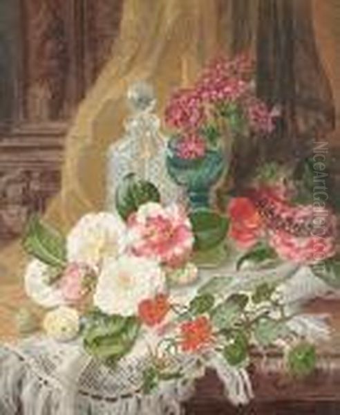 Still Life Of Flowers And A Glass Decanter, On A Table Draped With A White Shawl Oil Painting by Thomas Worsey