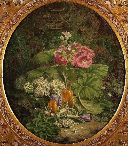 Still Life Of Crocuses And Other Flowers On A Mossy Bank Oil Painting by Thomas Worsey