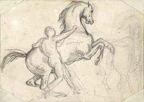 Rearing stallion held by a nude man Oil Painting by Theodore Gericault