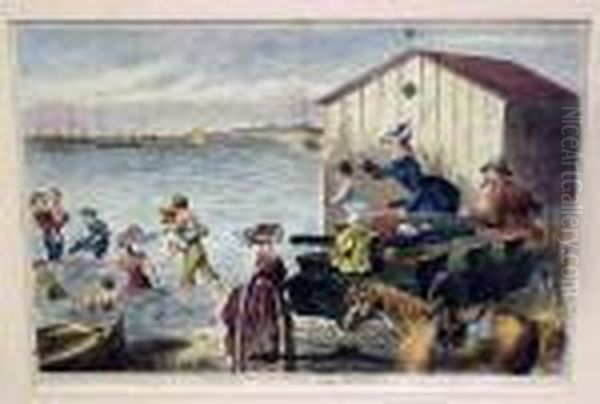 Giving The Chicks A Dip And Sea-side Sketches Oil Painting by Thomas B. Worth