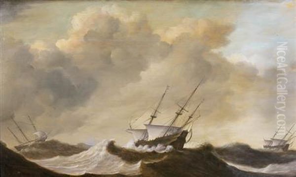 Ships In Turbulent Water Oil Painting by Claes Claesz. Wou