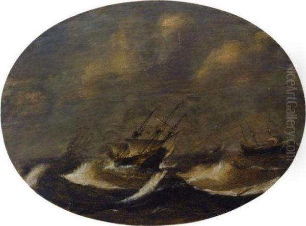 Shipping In A Stormy Sea Oil Painting by Claes Claesz. Wou