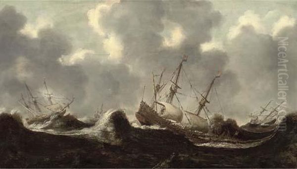 The Dutch Fleet At Sea In Treacherous Conditions Oil Painting by Claes Claesz. Wou