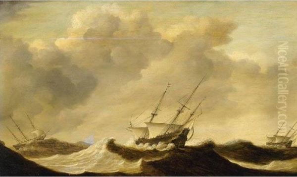 Ships On A Stormy Sea Oil Painting by Claes Claesz. Wou