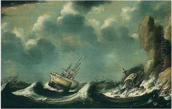 Dutch Shipping In A Gale Off A Rocky Coast Oil Painting by Claes Claesz. Wou