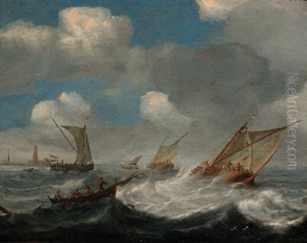 Shipping In A Squall Off The Dutch Coast Oil Painting by Claes Claesz. Wou