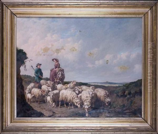 Berger Et Son Troupeau Oil Painting by Edouard Woutermaertens