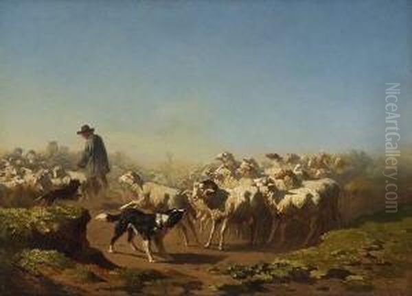 Schafer Mit Herde Und Hunden Auf
 Der Weide. Oil Painting by Edouard Woutermaertens