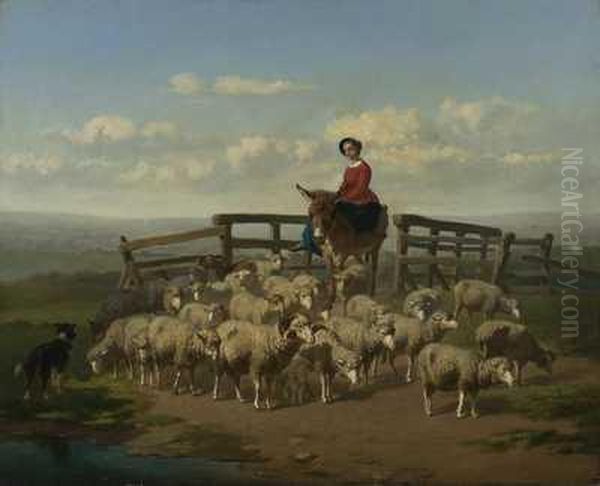 Schaferin Auf Einem Esel Inmitten Ihrer Herde An Einem Sommertag Oil Painting by Edouard Woutermaertens