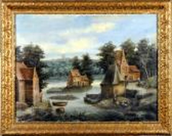 Village Au Bord De L' Eau. Oil Painting by Frans Wouters