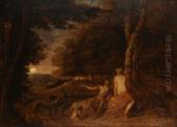 Venus And Apollo In A Moon Landscape Oil Painting by Frans Wouters