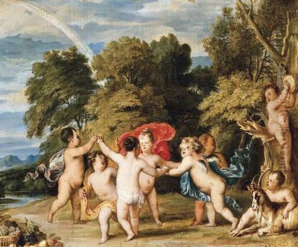 Dansende Putti In Een Zuiders Landschap Oil Painting by Frans Wouters