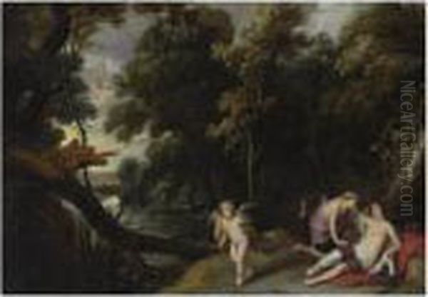 A Forest Landscape With Jupiter,
 Disguised As Diana, Bending Overthe Reclining Callisto, An Eagle And 
Cupid Nearby Oil Painting by Frans Wouters