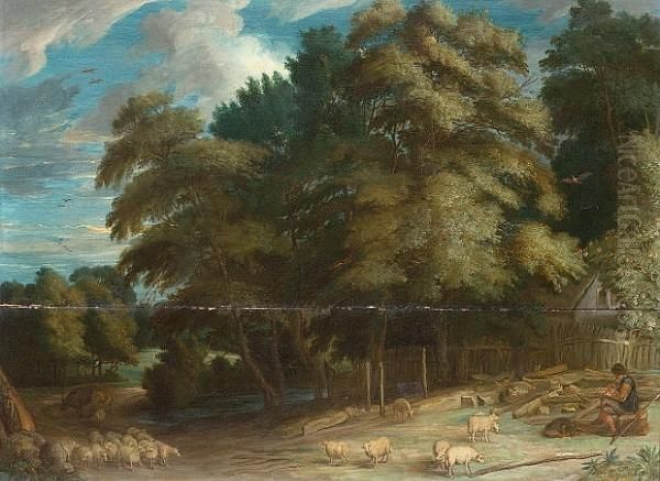 A Shepherd With His Flock In A Wooded Landscape Oil Painting by Frans Wouters