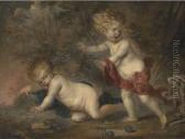 Putti Disporting In A Wooded Clearing, Surprised By Two Dogs Oil Painting by Frans Wouters