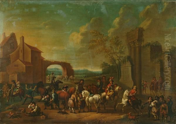 Landscape With Figures And Horses Before Ruins Oil Painting by Jan Wouwerman