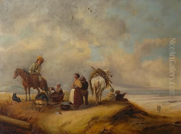 A View Of A Seashore With Fishwives Offering Fish To Traders Oil Painting by Jan Wouwerman