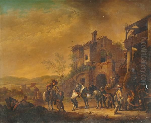 Figures Andhorses In A Barn; 
Figures And Horses Before Ruins Each Processprints On Copper Oil Painting by Jan Wouwerman