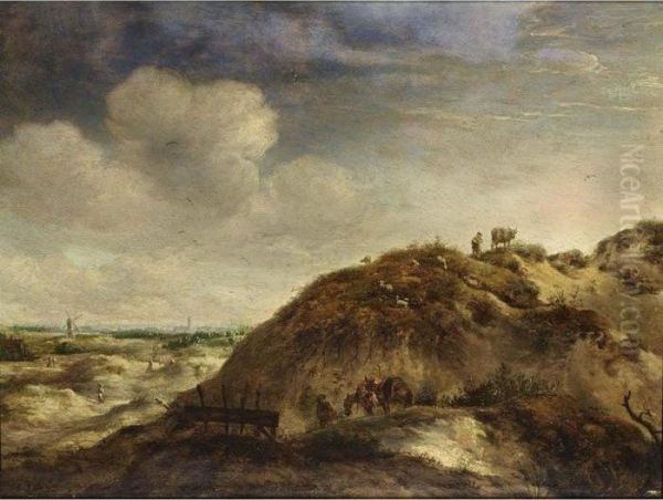 A Dune Landscape With A 
Traveller And Two Donkeys On A Path, A Shepherd And His Herd, Together 
With Other Figures, A City In The Distance Oil Painting by Jan Wouwerman