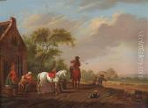 Horseman Departing A Country Cottage With Figures Oil Painting by Pieter Wouwermans or Wouwerman