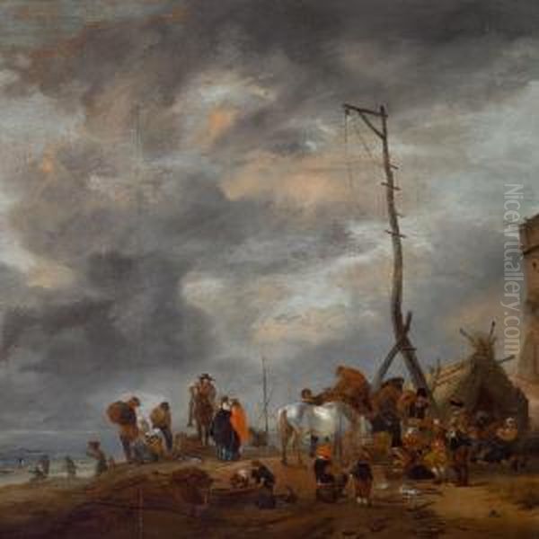 Figures On The Beach Oil Painting by Pieter Wouwermans or Wouwerman