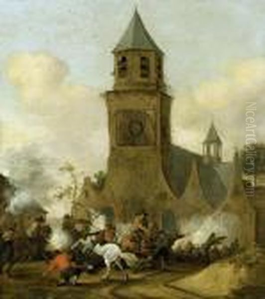 Reitergefecht Vor Einer Dorfkirche Oil Painting by Pieter Wouwermans or Wouwerman