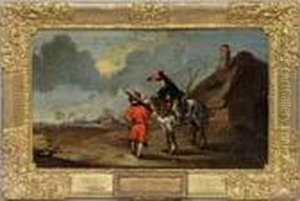 Reiter Undmusketier Vor Einem Gehoft Oil Painting by Pieter Wouwermans or Wouwerman