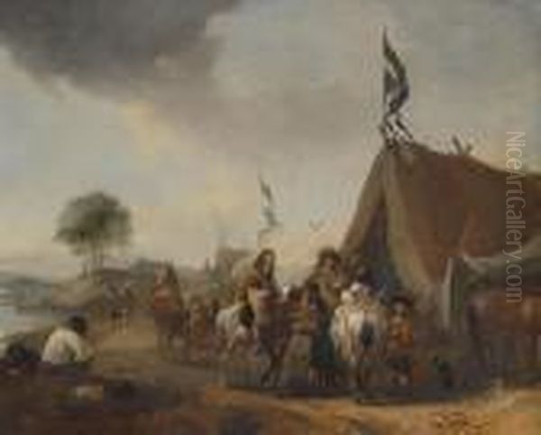 Soldiers Near A River Oil Painting by Pieter Wouwermans or Wouwerman