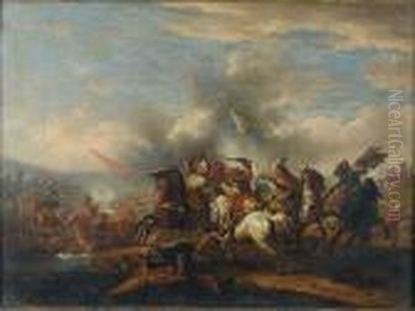 A Cavalry Skirmish Oil Painting by Pieter Wouwermans or Wouwerman