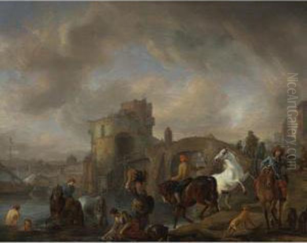 A Horse Pond Oil Painting by Pieter Wouwermans or Wouwerman