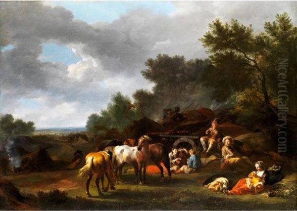 Pferdegruppe Vor Kanonen, 
Kanonieren Und Landleuten Mit Kindern In Hugeliger Baumlandschaft Oil Painting by Pieter Wouwermans or Wouwerman