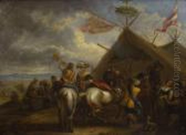 Rastende Reiter Und Soldaten Bei Einem Zelt. Oil Painting by Pieter Wouwermans or Wouwerman