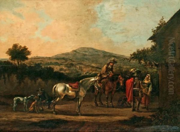 Hans Efterfoljd Rastande Jaktsallskap Oil Painting by Pieter Wouwermans or Wouwerman