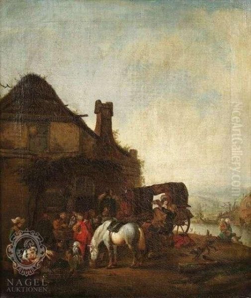 Halt Oftravellers In Front Of An Inn Oil Painting by Pieter Wouwermans or Wouwerman