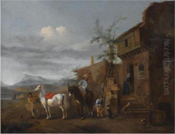 Two Horsemen Halting Outside An 
Inn, A Young Boy Playing With Adog, An Angler At A Lake In The Distance Oil Painting by Pieter Wouwermans or Wouwerman