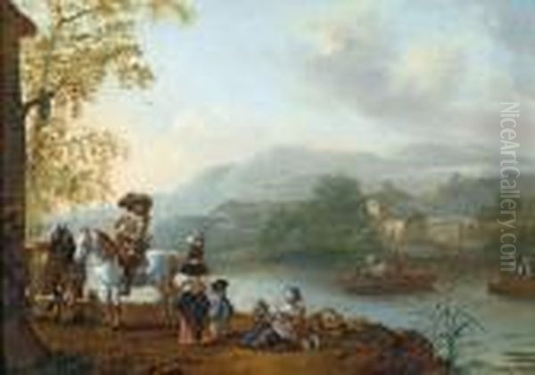 Comitiva Elegante Sosta Lungo La Sponda Di Un Fiume Oil Painting by Pieter Wouwermans or Wouwerman