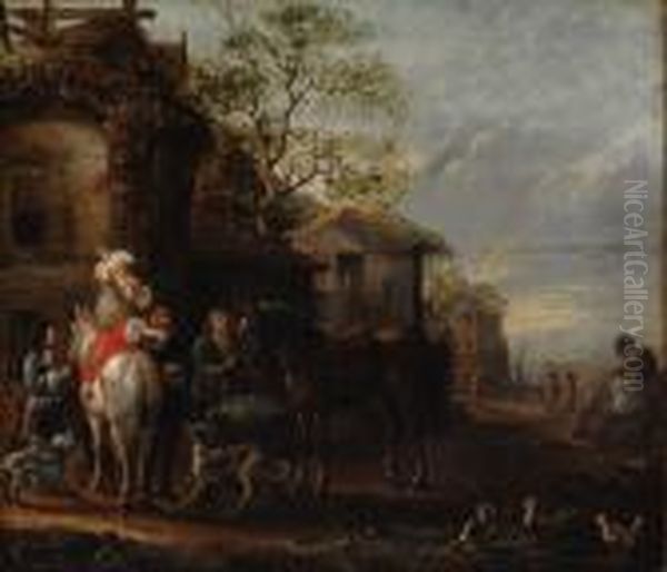 Travellers Withhorses Oil Painting by Pieter Wouwermans or Wouwerman