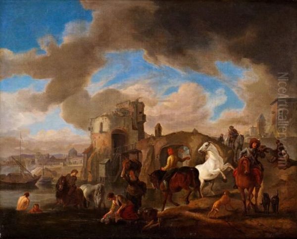 Ruinlandskap Med Hastar Och Ryttare Oil Painting by Pieter Wouwermans or Wouwerman