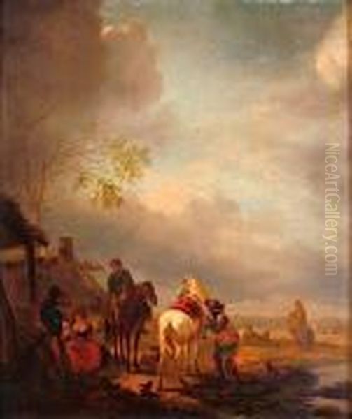 Halte De Cavaliers Oil Painting by Pieter Wouwermans or Wouwerman