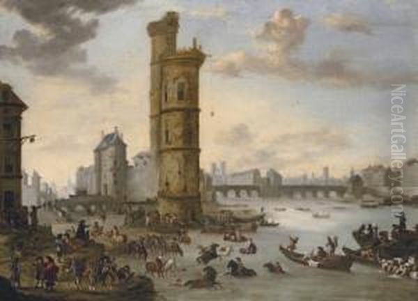 Horsemen Bathing Their Mounts At
 The Tour De Nesle With The Porte De Nesle And The Pont-neuf Beyond, 
Paris Oil Painting by Pieter Wouwermans or Wouwerman