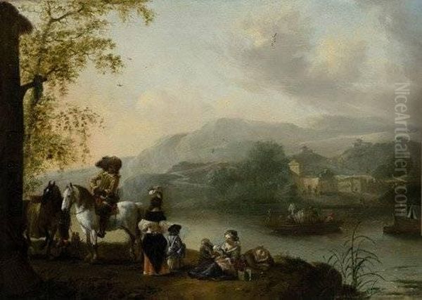 Zugeschrieben: Elegante Gesel Oil Painting by Pieter Wouwermans or Wouwerman