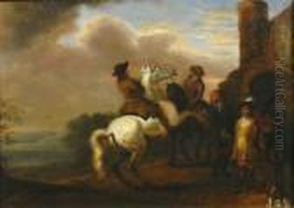 Riders In Front Of The Stables. Denoted With Stocknumber Bottom Right: 148 Oil Painting by Pieter Wouwermans or Wouwerman