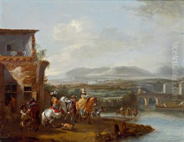 Viaggiatori In Un Paesaggio Fluviale Con Ponte E Casa Colonica Oil Painting by Pieter Wouwermans or Wouwerman