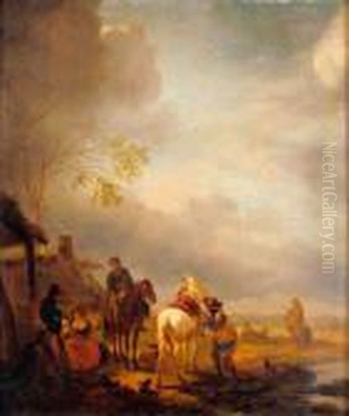 La Halte Des Cavaliers Oil Painting by Pieter Wouwermans or Wouwerman