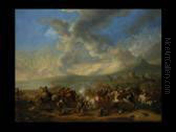 Schlachtenszene Vor Tiefer Landschaft Und Festung Oil Painting by Pieter Wouwermans or Wouwerman