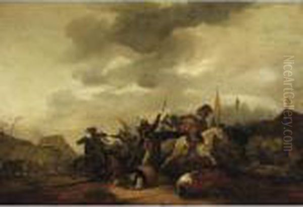 Cavalry Skirmish Oil Painting by Pieter Wouwermans or Wouwerman