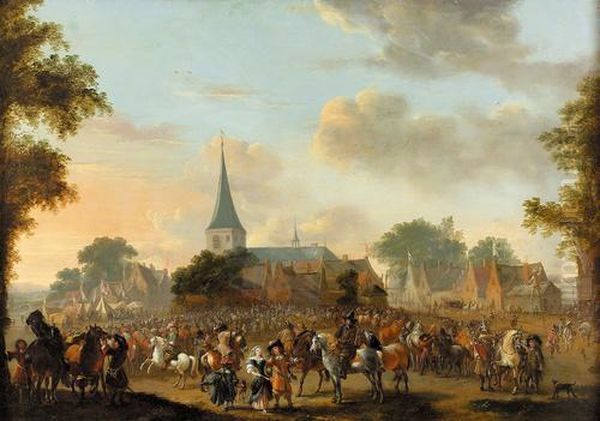 Pferdemarkt In Einer Hollandischen Stadt (valkenburg?). Oil Painting by Pieter Wouwermans or Wouwerman