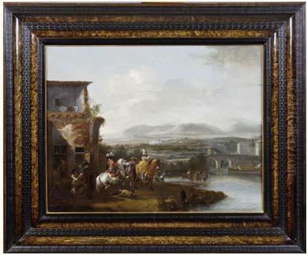 Cavaliers Dans Un Paysage De Riviere Avec Manoir Et Pont Oil Painting by Pieter Wouwermans or Wouwerman