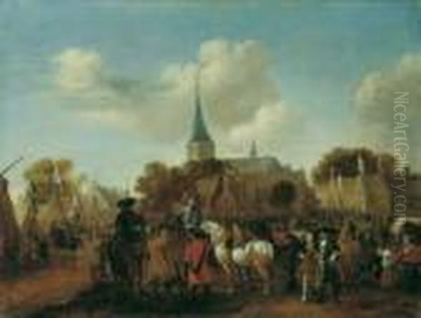 Marktplatz Mit Soldaten Und Reitern. Oil Painting by Pieter Wouwermans or Wouwerman